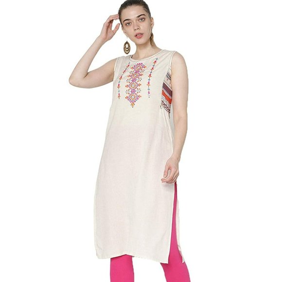 ATEESA BY FBB Embroidered Side Slit Kurta Off White.  SZ L - Picture 1 of 4